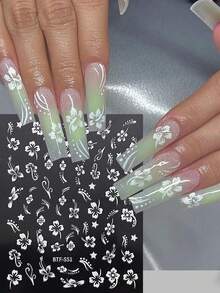 2 piezas Pegatinas de arte de uñas 3D de flor de hibisco, calcomanías de uñas florales rosa y blancas, láminas de uñas de hojas tropicales para el verano - Multicolor - Ver 3