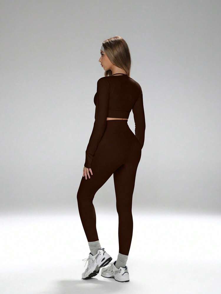 Women's 2-Piece Yoga Set Square Neck Long Sleeve Crop Top & High Waist Ruched Butt-Lifting Leggings, High Elasticity Fitness Outfit Sports - Brown - View 9