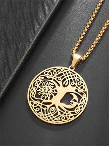 1PC New Casual Fashion Tree Of Life Pendant Necklace, Hollow Design, Sun And Moon Cartoon Pattern, Men's Classic High-Quality Stainless Steel Jewelry Accessories, Ideal Holiday Gift - Fashion - View 5