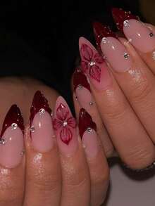 24pcs Y2K Hot Girl French Almond-Shaped Resin Nails-Sheer Base Wrapped In Burgundy Petals With Diamond Accents, A Sweet-Edgy Manicure. - Multicolor - View 3