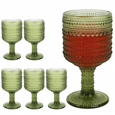 Set Of 6 Vintage Green Stemmed Glasses, 10 Oz Stemmed Goblets For Wine, Cocktails & Holiday Toasting - Emerald Barware For Wedding, Christmas Party & As A Unique Gift Set