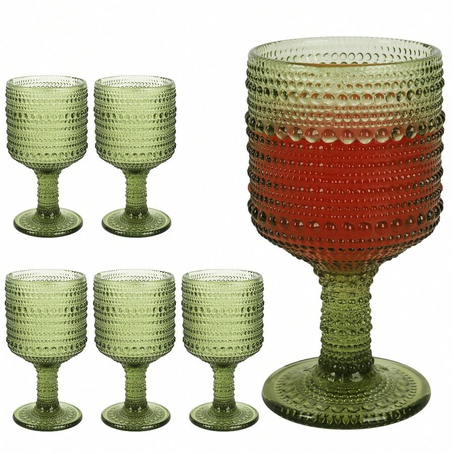Set Of 6 Vintage Green Stemmed Glasses, 10 Oz Stemmed Goblets For Wine, Cocktails & Holiday Toasting - Emerald Barware For Wedding, Christmas Party & As A Unique Gift Set - 橄欖綠 - 查看 1