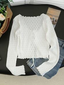 New Sexy Niche Tie-Up Frill Trim Hollow Out Knit Cardigan Jacket For Women, Spring/Summer - Milky White - View 7