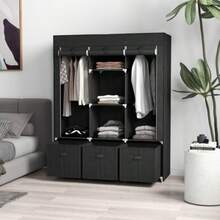 Folding Wardrobe In Non-Woven Fabric, With 3 Drawers, 125 Cm X 43 Cm X 162.5 Cm, Black - Black - View 2