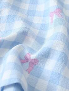 两件套蓝白格子蝴蝶结印花睡衣套装，甜美可爱翻领纽扣上衣和蝴蝶结短裤，女士睡衣家居服 - 藍色 - 查看 8