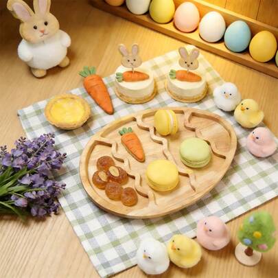 1pc Wooden Egg Tray With Rabbit Divider, Farmhouse Style Serving Platter For Easter, Salad, Snacks, Cookies, Camping, Parties, Holidays Decor