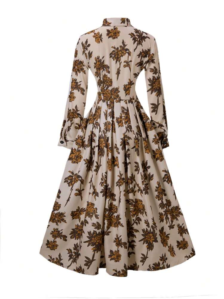 Vestido camisero elegante y vintage con estampado floral para mujer Vuslat - Vestido plisado de manga 3/4 con flores doradas beige, con bolsillos, adecuado para jardín, ir al trabajo, sesión de fotos, fiesta del té, Día de San Valentín - Multicolor - Añade 6