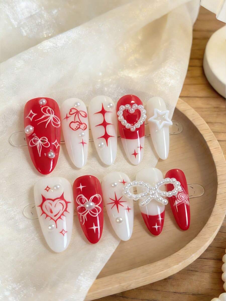 10片情人节可爱尖头美甲贴片，手工制作，细节精致，法式红色爆炸爱心珍珠蝴蝶结水钻宝石爱心樱桃假指甲配饰，亮面按压式美甲贴片 - 彩色 - 查看 1