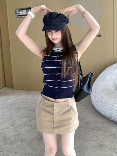 Áo tank top dệt kim không tay kẻ sọc tương phản kiểu retro dành cho nữ, thiết kế ôm sát và tôn dáng, thích hợp cho mùa hè.