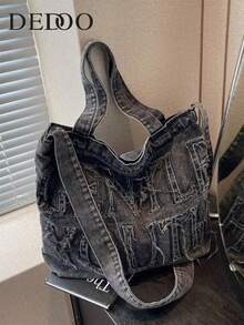 Minimalist Style Raw Edge Letter Design Jeans Canvas Tote Bag, Solid Color Large Capacity Shoulder Bag, Suitable For Women's Daily Use, Work Commutingschool Tote Bag,School Bookbag,Portable,Foldable,Business Casual, Suitable For Teen Girls Women College Students,Teacher,Rookies & White-Collar WorkersCollege,Vacation,Beach,Holiday,Shopping, Perfect For Cow Girl - 黑色 - 查看 1