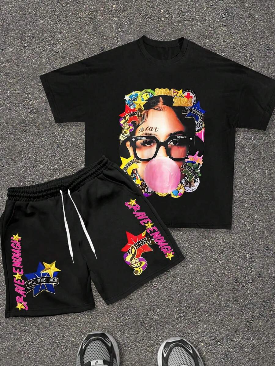 BRAVE ENOUGH Letter And Street Style Graphic Printed Round Neck Short Sleeved T-Shirt With Drawstring Shorts Breathable Summer Casual Set - 黑色+黑色 - 查看 1