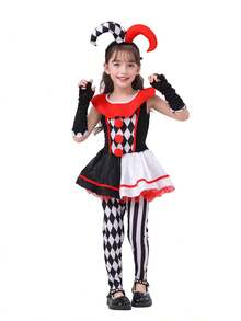 4pcs/Set Girls' Circus Clown Plaid Dress, Pants, Gloves And Headpiece, Children's Carnival Performance Costume - Multicolor - View 8
