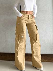 Pantalon cargo élégant et décontracté en kaki avec boutons et fermeture éclair, poches multiples, style Y2K. Convient pour la rue, l'aéroport, la scène, les fêtes, les clubs, les vacances, le bureau, la Fête des enseignants, le Nouvel An, le printemps/l'été/l'automne/l'hiver - Kaki - Voir 1