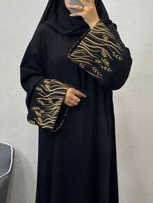 1pc Sleeve Embroidered Abaya Without Headscarf, Dubai Arabic Embroidered Long Robe Fashionable Abaya Dress, Suitable For Women's Daily Wear, All Season - Multicolor - View 7