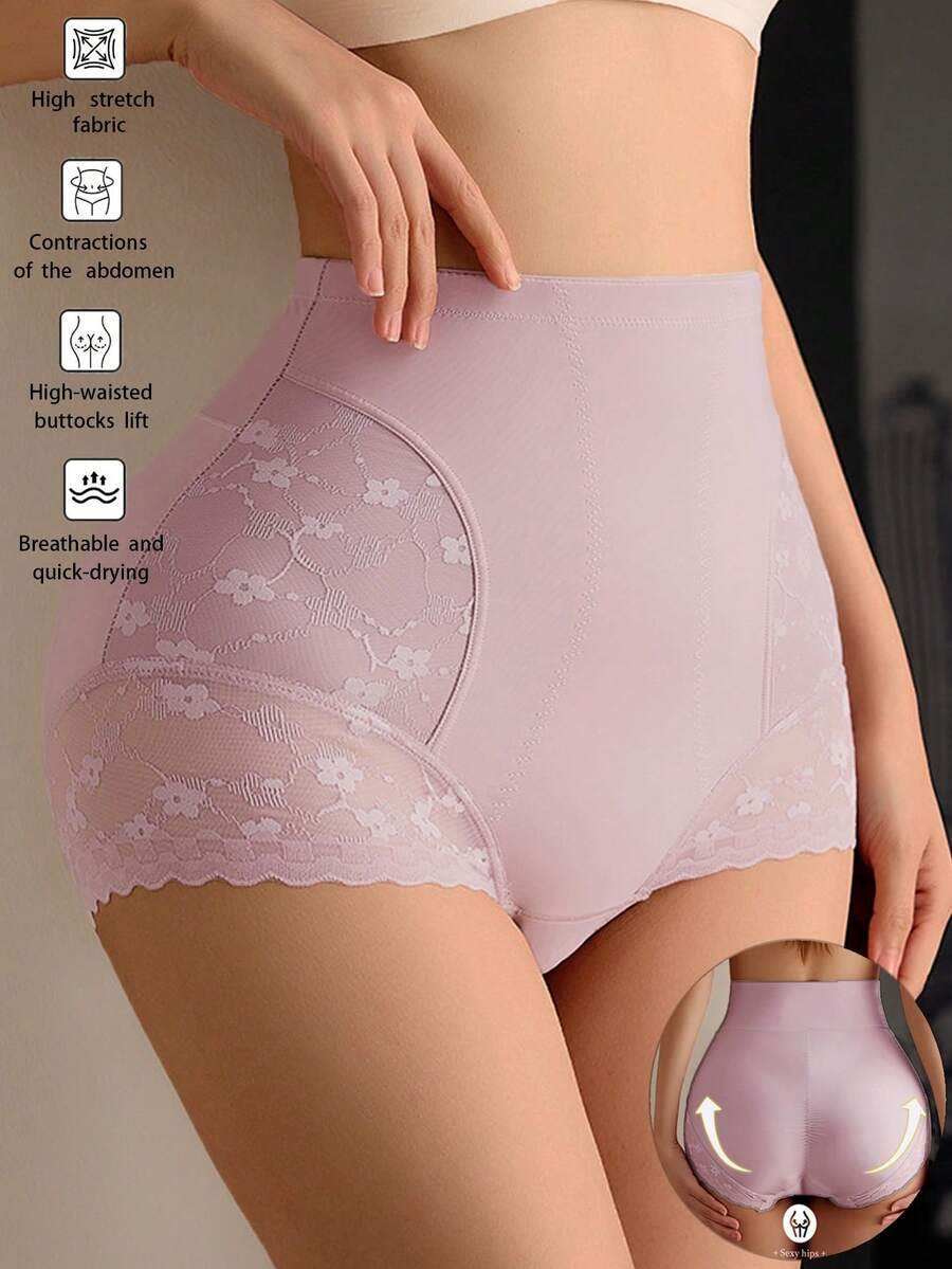 Women's High Waist Lace Sexy Tummy Control Lift Butt Seamless Thin Waist Shaping Shorts - Baby Pink - View 1