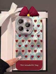 1pc Fashionable Argyle Heart Bow Glitter Phone Case Compatible With IPhone 11/12/13/14/15/16/17 Pro Max, Comes With Lens Film, Niche Stylish Protective Cover - Red - View 1