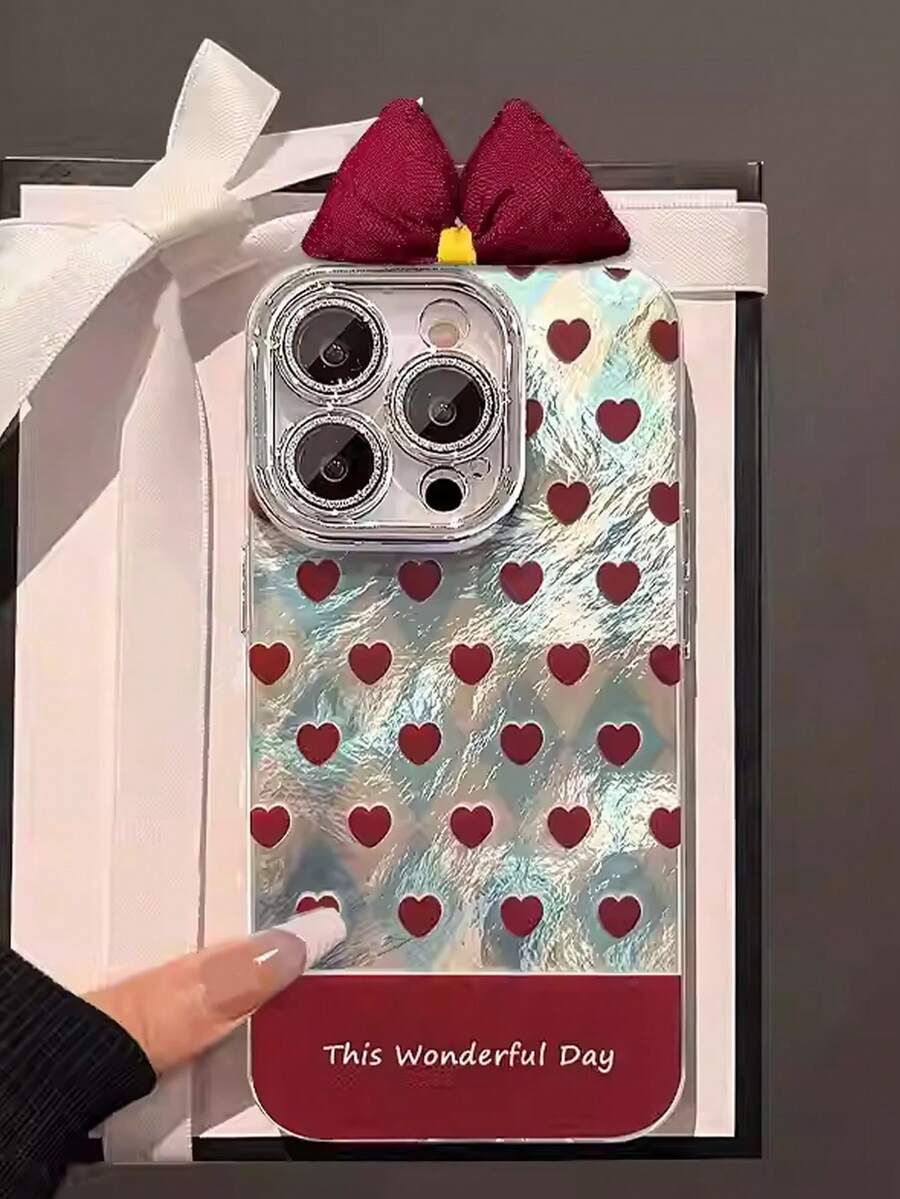 1pc Fashionable Argyle Heart Bow Glitter Phone Case Compatible With IPhone 11/12/13/14/15/16/17 Pro Max, Comes With Lens Film, Niche Stylish Protective Cover - Red - View 1