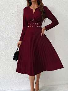 Đầm dài tay cổ chữ V xẻ tà, viền xếp ly, đính pha lê thanh lịch - Màu Đỏ Sâu - Xem 7