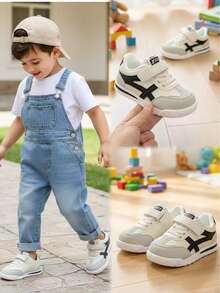 1双黑色简约可爱撞色拼接时尚运动鞋，适合幼儿和小童，复古风格，优质PU鞋面，防滑橡胶厚底，适合休闲穿着、上学、散步、跑步、徒步旅行，2026春夏款 - 黑色 - 查看 1