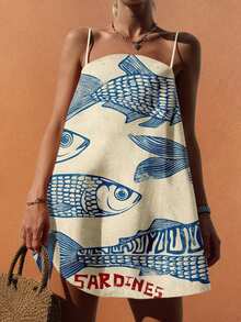 Starfish Bohemian Style Spring/Summer Beach Dress, Sardine & Letter Print Sleeveless A-Line Mini Dress, Women Brunch Set - Multicolor - View 5