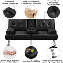 Convertible Sofa Bed Adjustable Couch Sleeper Modern Faux Leather Recliner Reversible Loveseat Folding Daybed Guest Bed, Removable Armrests, Cup Holders, 3 Angles, 772lb Capacity, Black - 黑色 - 查看 6