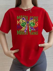 Moño brillante en tonos verde morado y dorado con palabras alusivas a Mardi Gras que evocan la alegría festiva camiseta de mujer 100% algodón 220g - Rojo - Ver 8