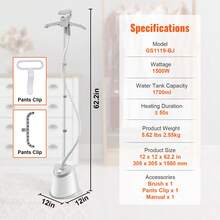 Standing Steamer With Foldable Garment Hanger, 0.5Gallon Water Tank For 90 Minutes Continuous Steaming, Heats In 45 Seconds & Auto-Stop With Fabric Brush Aluminum Rod And Easy-Roll Wheels - 灰色 - 查看 7