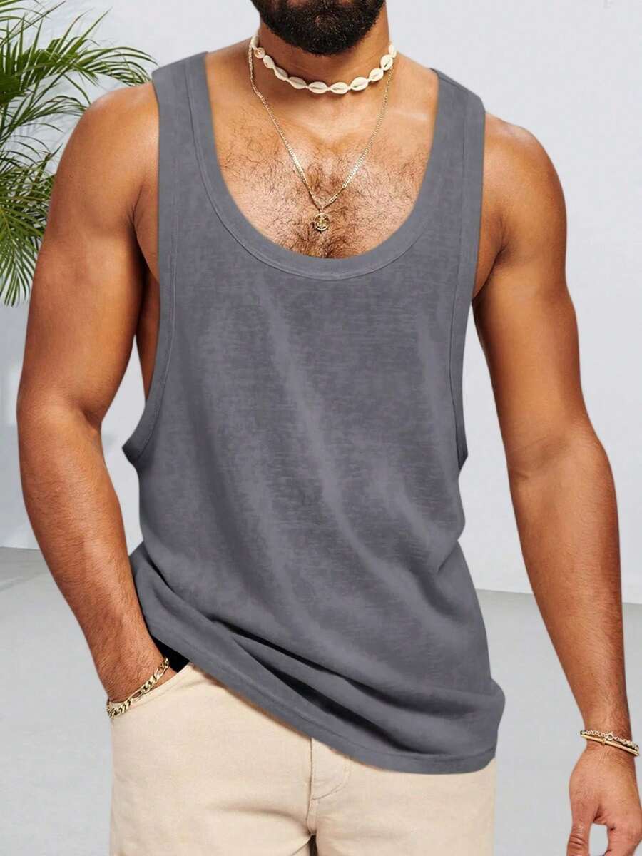 Runcati Men's Sleeveless Muscle Shirt - Cotton Fitness Gym Training Sports Vest For Bodybuilding - Loose Fit T-Shirt - 深灰色 - 查看 1