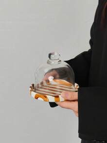 1pc Ceramic Striped Dessert Tray With Glass Lid. Can Be Used As A Cake Stand, Mini Tray, Serving Plate, And Pastry Dish. Ideal For Afternoon Tea, Also Suitable For Bedroom, Living Room, Hotel, And Camping. - Multicolor - View 15