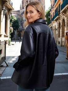 Giolshon Women Faux Leather Jacket Long Sleeve Blazer Shirt-Style Button Down Coat Black - Black - View 2