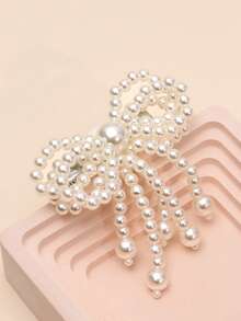 1对女童珍珠蝴蝶结发夹，带流苏装饰，适合乡村度假、婚礼季花童服装搭配 - 白色 - 查看 3