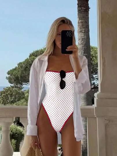 Ladies' Red And White Polka Dot Lace Trimmed One-Piece Bikini, A Vintage And Sexy Vacation Swimsuit Beach Summer Spring 2026,Birthday Outfits For Women,Gym Wear Women,Elegant Dress Women,Elegant Dress Women,Vacation Outfits Women,Going Out Top