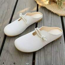 Zapatos de mula de ante blanco para primavera/verano 2026, sin respaldo, planos y de slip-on para uso diario - Beis - Ver 10