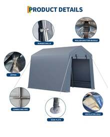 Cobertizo portátil de almacenamiento para exteriores de 2,1 x 3 m, lona impermeable resistente, garaje para motocicleta con puerta enrollable con cremallera, tienda de campaña para motocicleta, bicicleta, herramientas de madera y cortacésped, color gris. - Gris - Ver 5