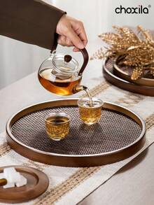 1pc Walnut Round Serving Tray, Household Tray For Holding Snacks, Pastries, Teapot And Tableware - Walnut Round Tray - View 5
