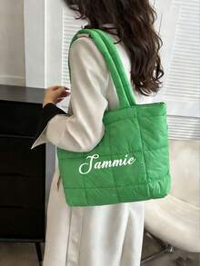 1pc Custom Name Fashion Sense Diamond Grid Large Capacity Solid Color Down Casual Thread Western-Style Shoulder Handbag, Women's Shoulder Bag With A , Casual, Simple Design In A Solid Color. - Multicolor - View 5