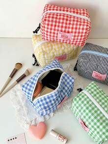 1个女士绗缝爱心图案化妆包可爱漂亮格子旅行洗漱包女士化妆品收纳包 - 彩色 - 查看 5