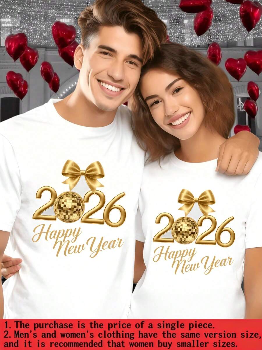 Número dorado 2026 con esfera brillante y lazo que simboliza nuevos comienzos para parejas celebrando el año lleno de amor y esperanza camiseta de mujer 100% algodón 220g edición especial de fin de año - Blanco - Ver 1