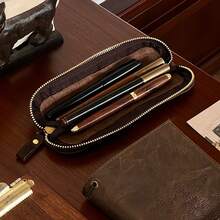 复古全粒面皮革铅笔盒，手工制作多功能收纳袋，简约手拿包，纤薄拉链设计，可装钢笔、圆珠笔和铅笔，简约风格男女通用日常携带收纳包 - 彩色 - 查看 4