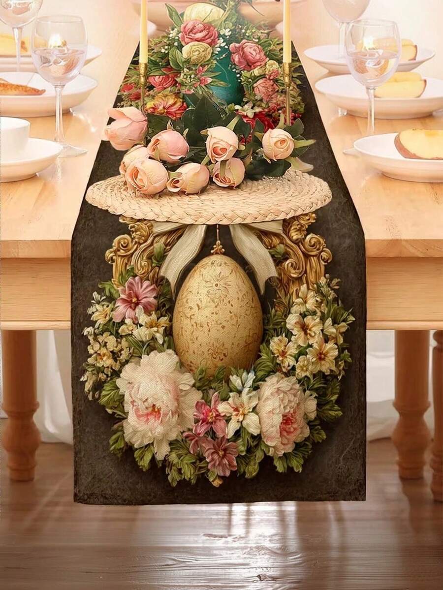 1pc Easter Table Runner With Floral Wreath And Rabbit Patterns | Elegant Polyester Printed Tablecloth For Spring/Summer, Ideal For Family Gatherings, Festive Decorations, And Hotel Displays - Camel - View 1