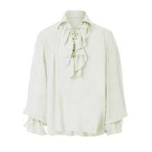 Retro Men's Shirt, Ruffle Lace Up V Neck Long Sleeve Solid Color Cosplay Prince Drama Stage Costume - Rice - View 2