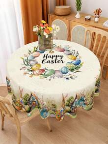 1 Stück Frühlings-Ostertischdecke, Landhausstil Hase & Eier Muster, rechteckige/runde Tischdecke mit Blumenkranz, ideal für Küchen-Esszimmer Tischdekor, Innen- und Außenbereich Picknicks, Feiertagspartys, Oster-Dekorationen für Zuhause, festliche Frühlings-Sommer-Partyzubehör - Verschiedenfarbig - Übersicht 9