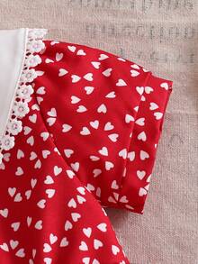 Baby Girls' Fashionable Cute Dress, Baby GirlVintage Collar Heart Pattern Dress, Baby Girls' Casual Elegant Sweet Versatile Clothing, Baby Girl Comfortable Outdoor Holiday Party Summer Outfit, Suitable For 0-1-2-3 Years Old, 6-9 Months - Red - View 4