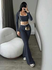 Women's Sexy & Comfortable Low Waist Elastic Cropped Long Sleeve Top And Flared Leg Pants Slimming Set - Deep Sea Blue - View 3