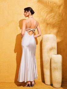 LOVE&LEMONADE Đầm maxi satin đuôi cá cổ chữ V sâu, dây mảnh, hở lưng, vạt bất đối xứng dành cho nữ, màu mơ - Màu be - Xem 7