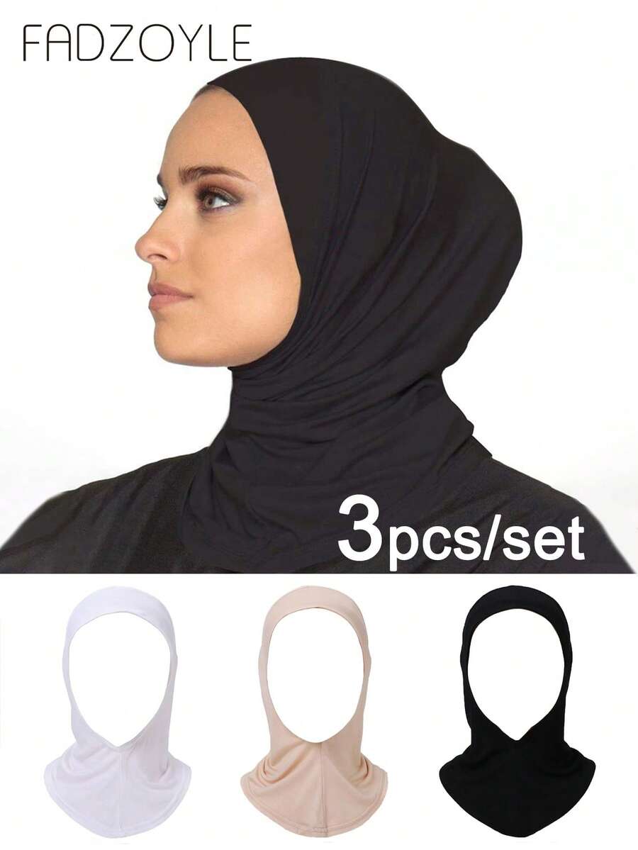 FADZOYLE 3pcs/Set Plain Short Neck Scarf, Paired With Abaya, Balaclava Hat And Hooded Lining Scarf, Minimalist Design, Suitable For Daily Life, Sports, Yoga, Fitness And Fashion Styling. - Multicolor - View 1