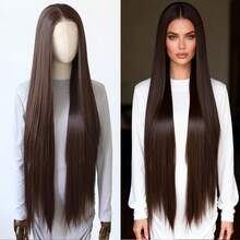 24英寸和40英寸巧克力棕色合成蕾丝前假发，耐热纤维，无需胶水 - 预先拔毛的自然发际线，180%密度深棕色蕾丝前假发，13x4蕾丝区域，适合日常佩戴和角色扮演 - 巧克力棕 - 查看 13