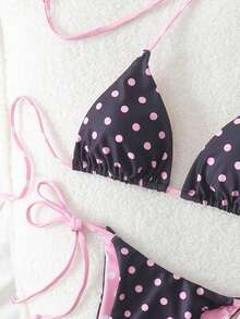 Polka Dot Print Backless Bikini Set, Sexy Beach Vacation Pink Summer - Pink - View 4