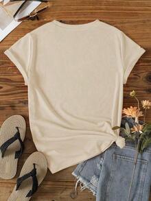 Women's Solid Color Simple Crewneck Short-Sleeved Summer T-Shirt, Daily Wear-Unisex Summer Casual Vintage Cotton Printed T-Shirts For Couples - 杏色 - 查看 2