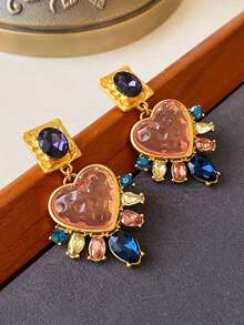 rundraw 2只复古心形锆石镶嵌方形几何夸张时尚金属多色耳环，适合女性佩戴，可用于派对、聚会、宴会、日常穿搭、节日、新年礼物等场合。 - 彩色 - 查看 5